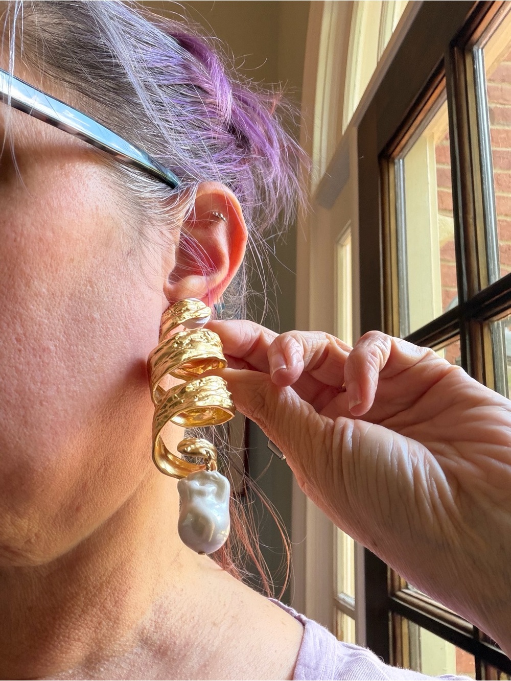 Gold Spiral Hoop Earrings with Baroque Pearl Drop